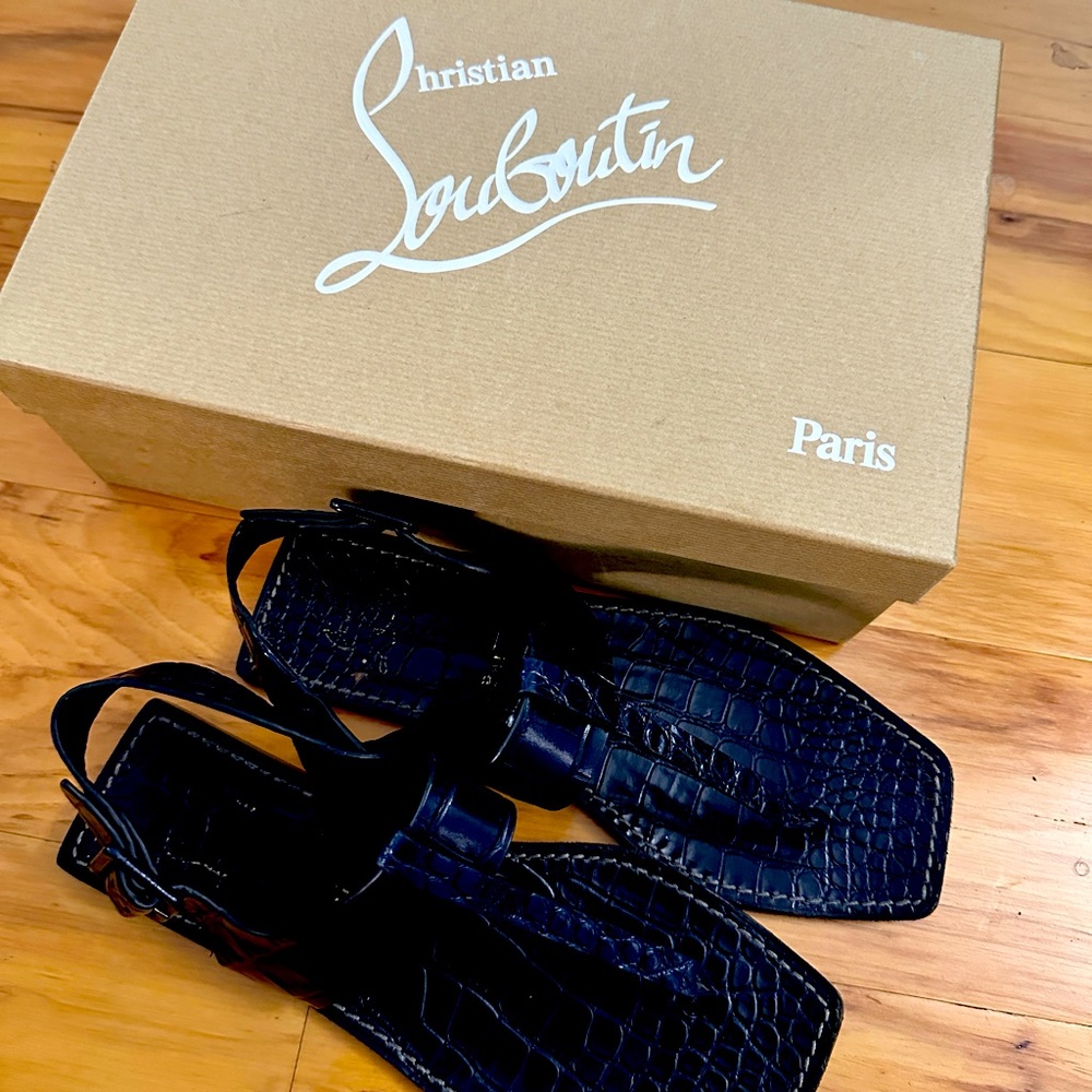 Christian Louboutin Cubongo Flat Calf Ali Gladiator Sandals (navy w/red bottom)
